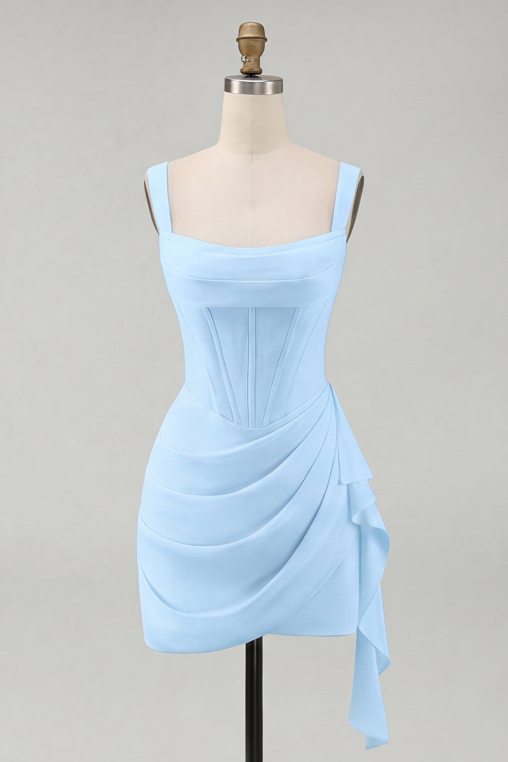 Ivory Ruched Thick Straps Short Corset Graduation Dress with Ruffles