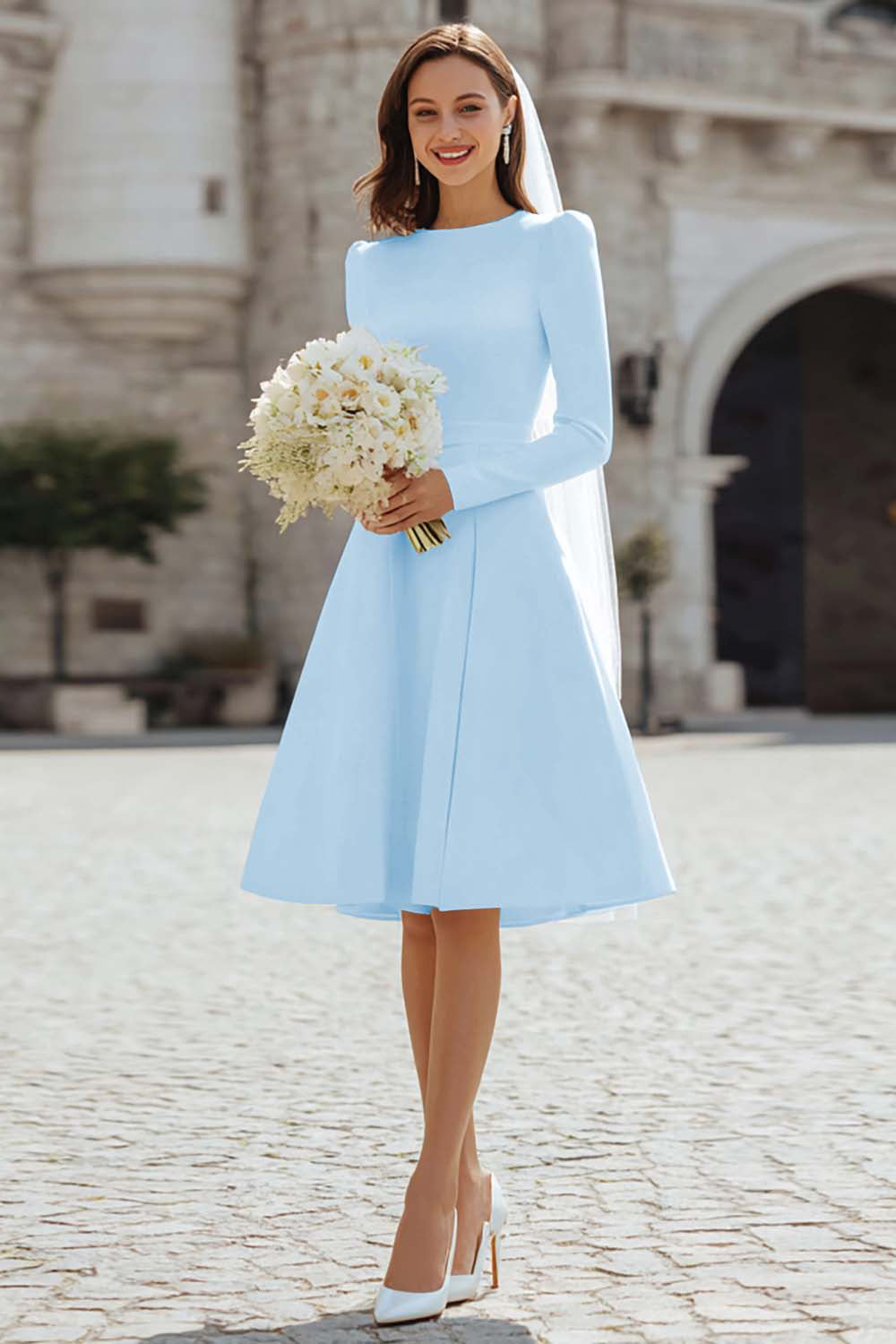 Ivory Satin Short A Line Wedding Dress with Sleeves