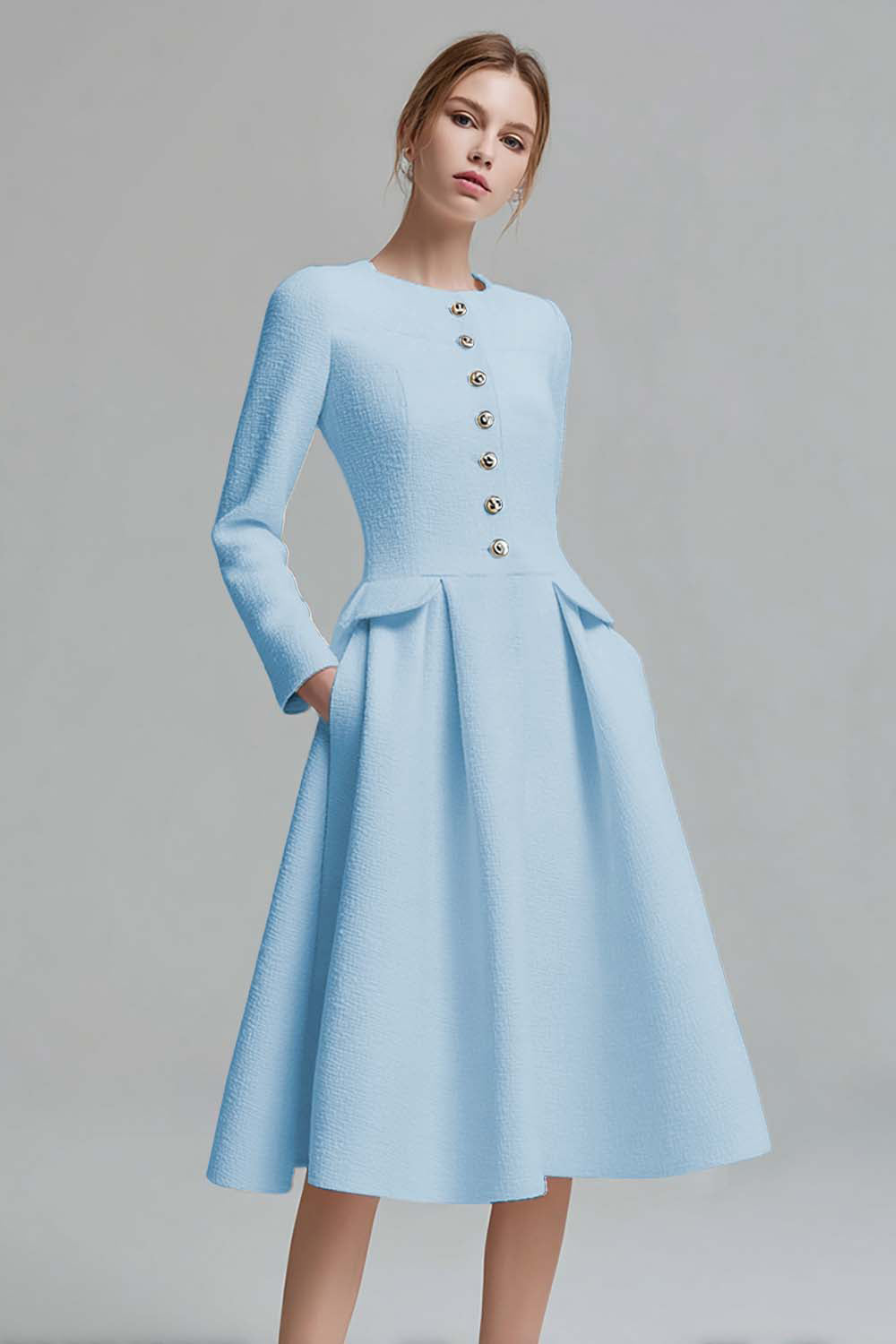 Ivory Tweed Long Sleeves A Line Midi Pageant Interview Dress with Pockets
