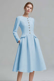 Ivory Tweed Long Sleeves A Line Midi Pageant Interview Dress with Pockets