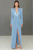 Navy Velvet Peak Lapel Single Breasted Long Blazer Dress with Slit
