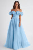 A Line Dusty Sage Off the Shoulder Long Wedding Guest Dress with Ruffles