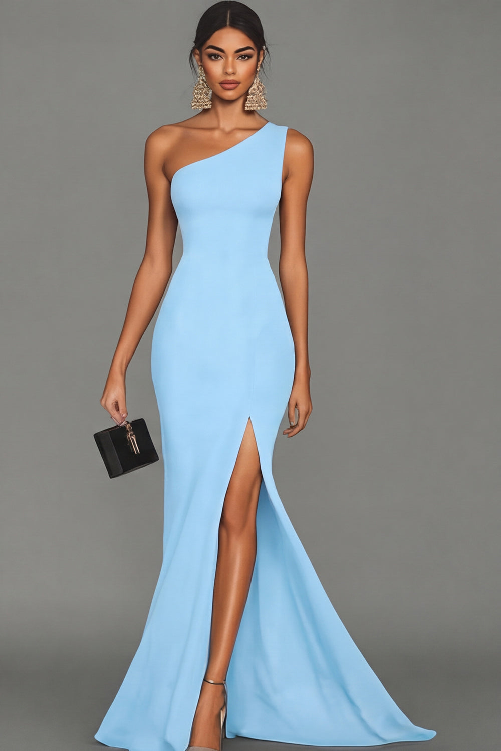 Black Mermaid Satin One Shoulder Long Formal Dress with Slit