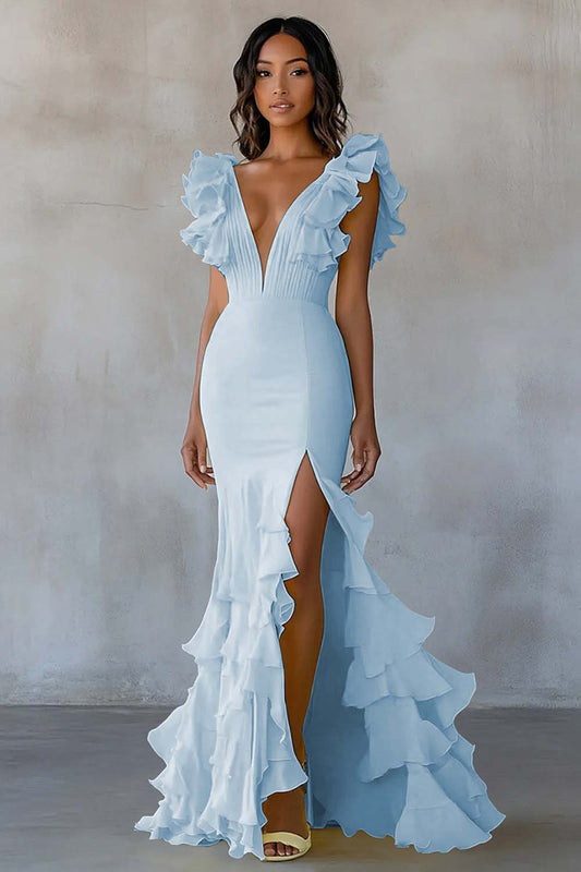 Dusty Sage Chiffon Mermaid Long Ruffled Formal Dress with Slit