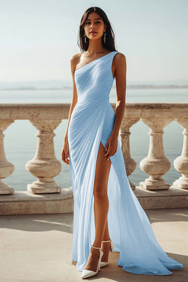 Sky Blue One Shoulder Beach Maxi Formal Dress with Slit