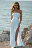 White Chiffon Strapless Pleated Long Rehearsal Dinner Dress with Slit
