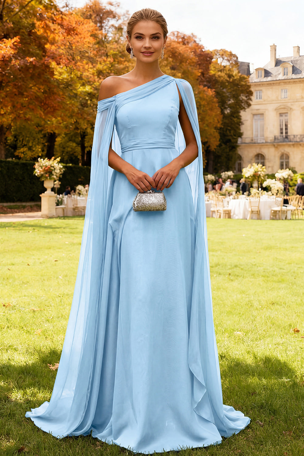 Dark Green One Shoulder Chiffon Long Wedding Guest Dress with Cape