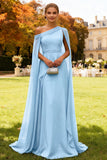 Dark Green One Shoulder Chiffon Long Wedding Guest Dress with Cape