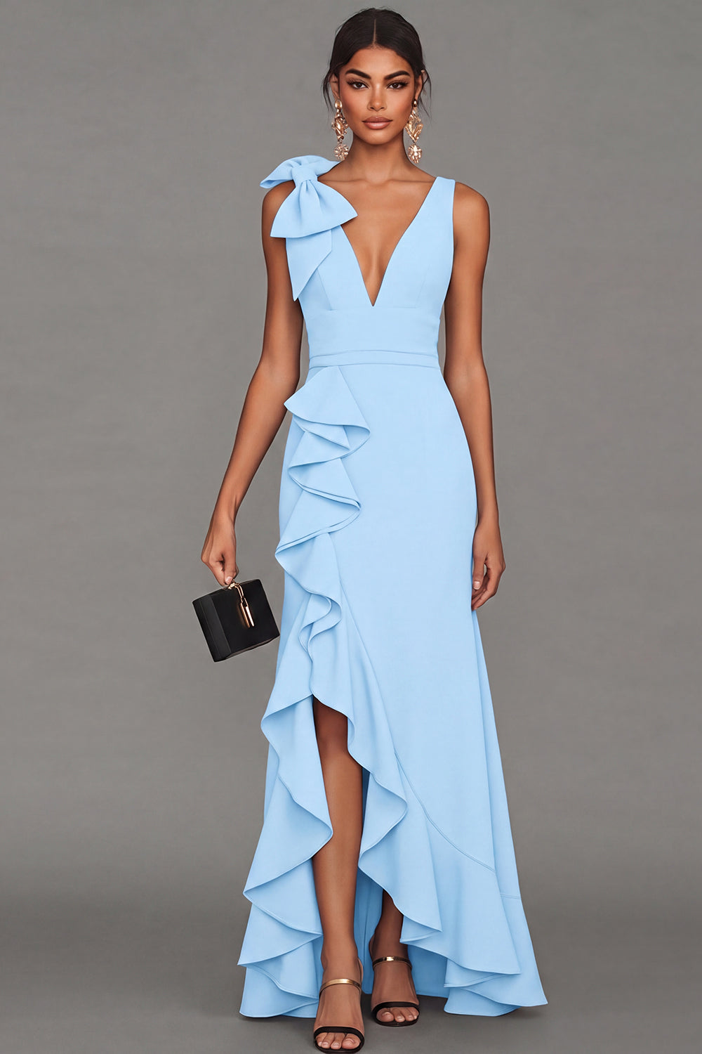 Black V-Neck Long Formal Dress with Ruffles