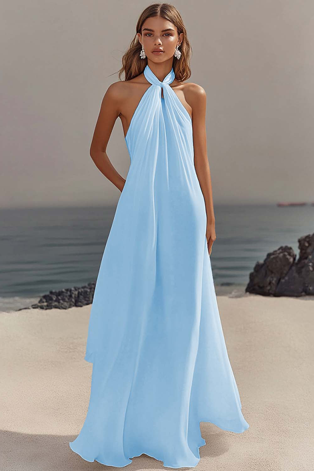 ZAPAKASA Women White A Line Chiffon Long Rehearsal Dinner Dress Halter Pleated Engagement Dress ZAPAKASA Women White A Line Chiffon Long Rehearsal Dinner Dress Halter Pleated Engagement Dress