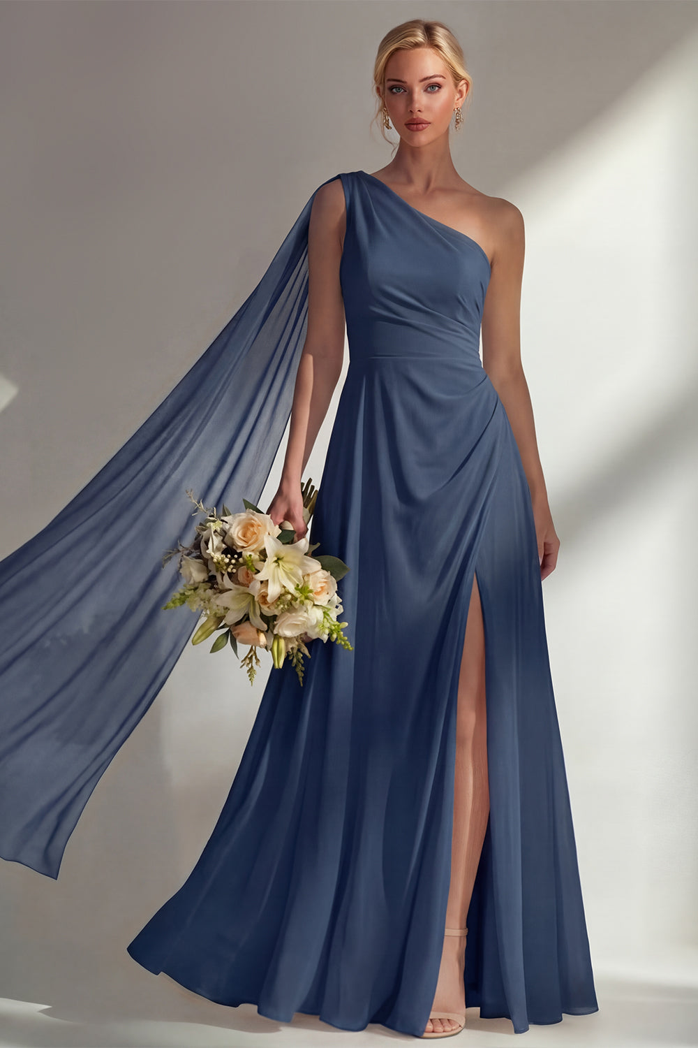 One Shoulder Ruched Burgundy A Line Long Beach Bridesmaid Dress with Side Cape