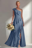 Emerald One shoulder A Line Ruffled Long Beach Bridesmaid Dress with Slit