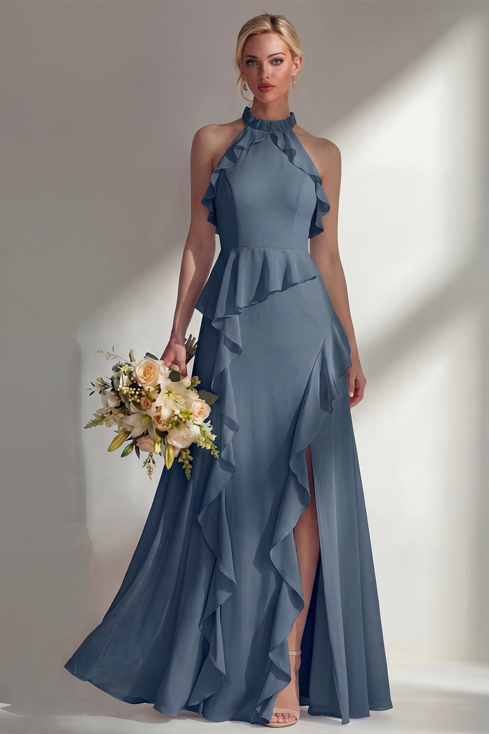A Line High Neck Ruffled Butter Yellow Long Beach Bridesmaid Dress with Slit