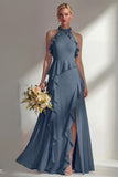 A Line High Neck Ruffled Butter Yellow Long Beach Bridesmaid Dress with Slit