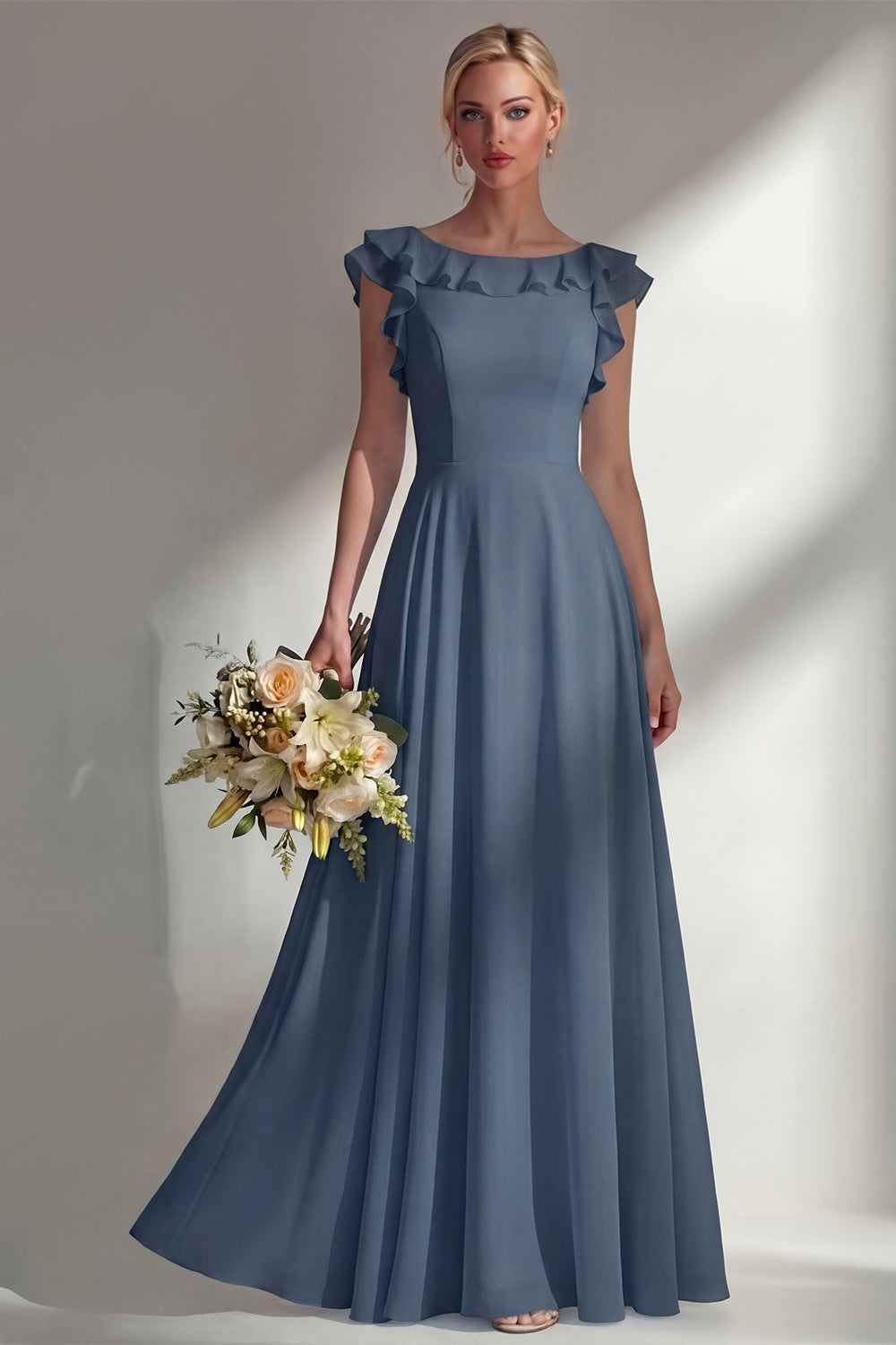 Boat Neck A Line Dusty Blue Long Beach Bridesmaid Dress with Ruffles