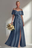 Off the Shoulder A Line Ruffled Sage Green Long Beach Bridesmaid Dress with Slit