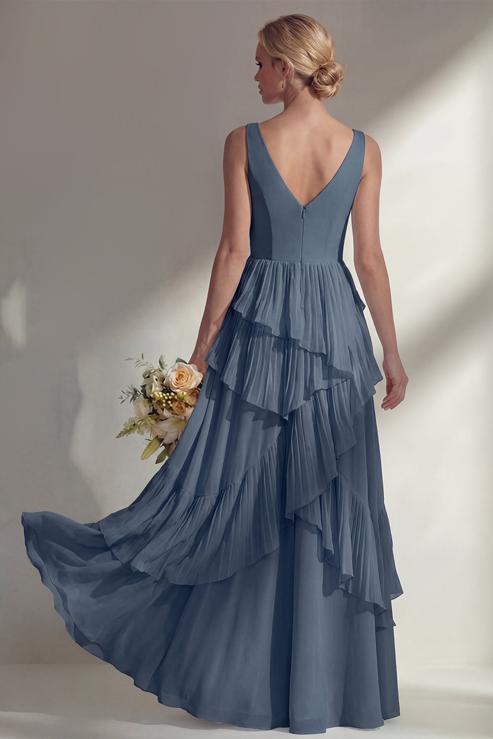 V-Neck A Line Light Pink Long Beach Bridesmaid Dress with Ruffles