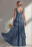 V-Neck A Line Light Pink Long Beach Bridesmaid Dress with Ruffles