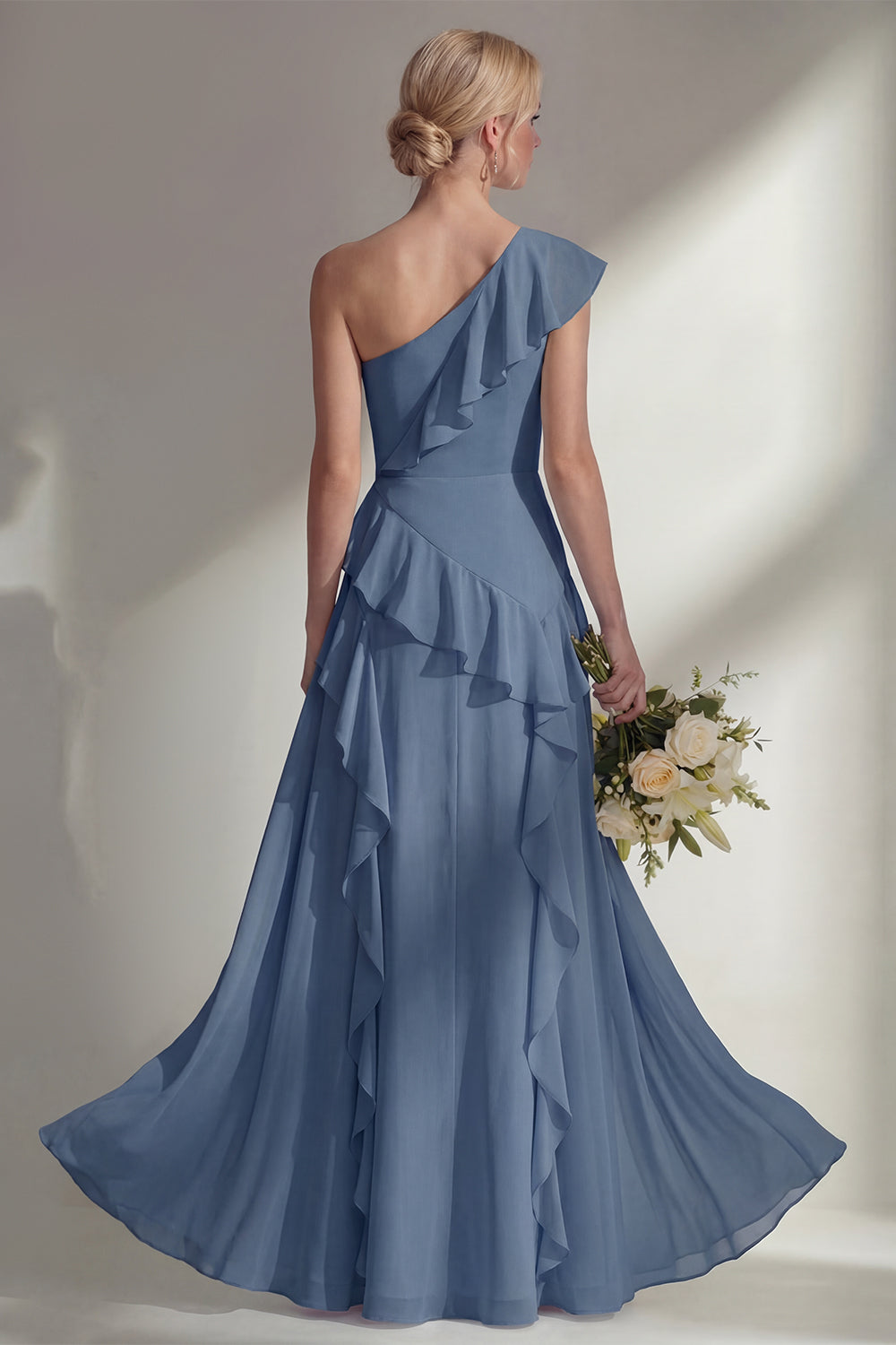 Emerald One shoulder A Line Ruffled Long Beach Bridesmaid Dress with Slit
