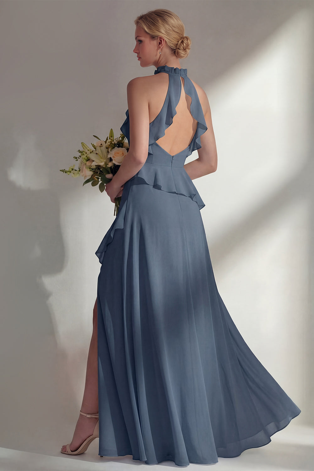 A Line High Neck Ruffled Butter Yellow Long Beach Bridesmaid Dress with Slit