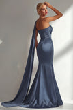 Burgundy Satin Mermaid Neck Scarf Ruched Long Prom Dress