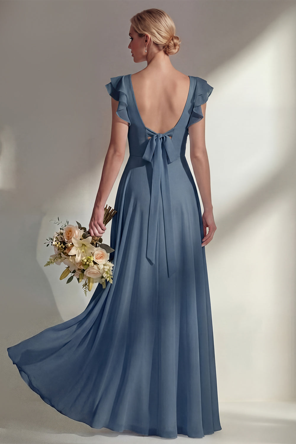 Boat Neck A Line Dusty Blue Long Beach Bridesmaid Dress with Ruffles