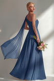 One Shoulder Ruched Burgundy A Line Long Beach Bridesmaid Dress with Side Cape
