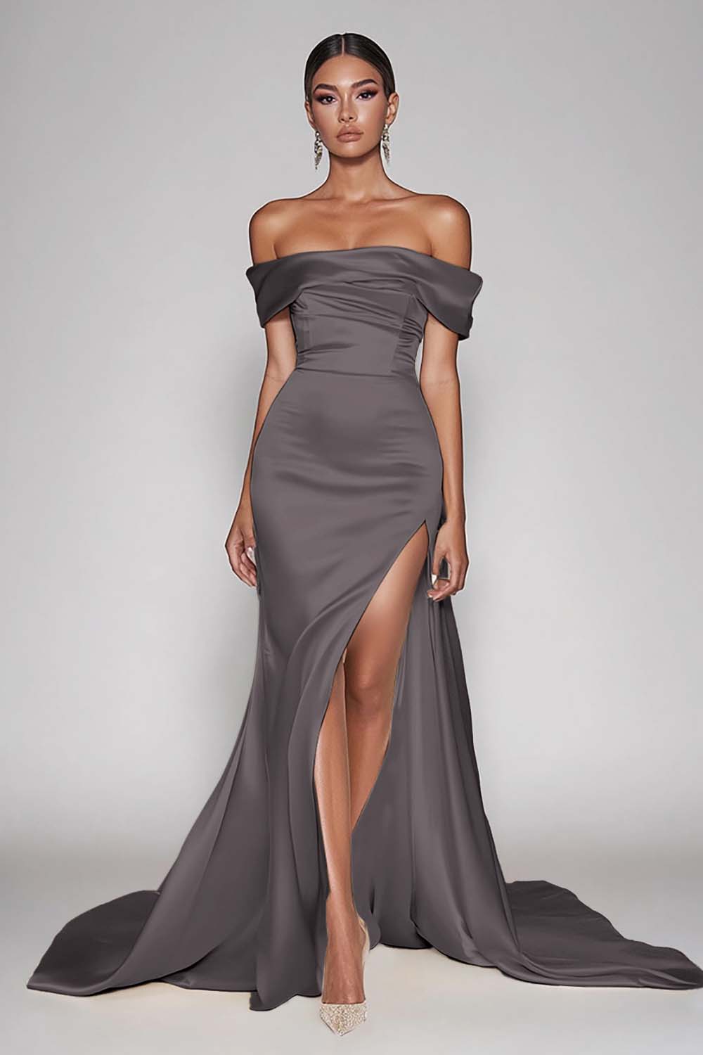 Zapaka Women Champagne Off The Shoulder Mermaid Prom Dress with Slit Satin Long Evening Dress, Steel Grey / UK20 Zapaka Women Champagne Off The Shoulder Mermaid Prom Dress with Slit Satin Long Evening Dress, Steel Grey / UK20