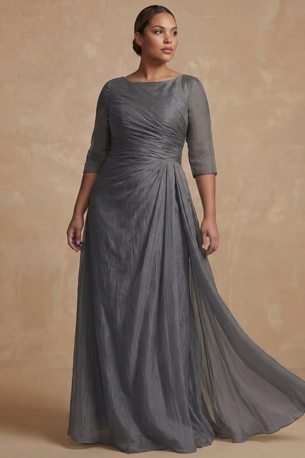 Dusty Sage Bateau Neck A Line Long Mother of the Bride Dress with Sleeves
