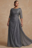 Dusty Sage Bateau Neck A Line Long Mother of the Bride Dress with Sleeves