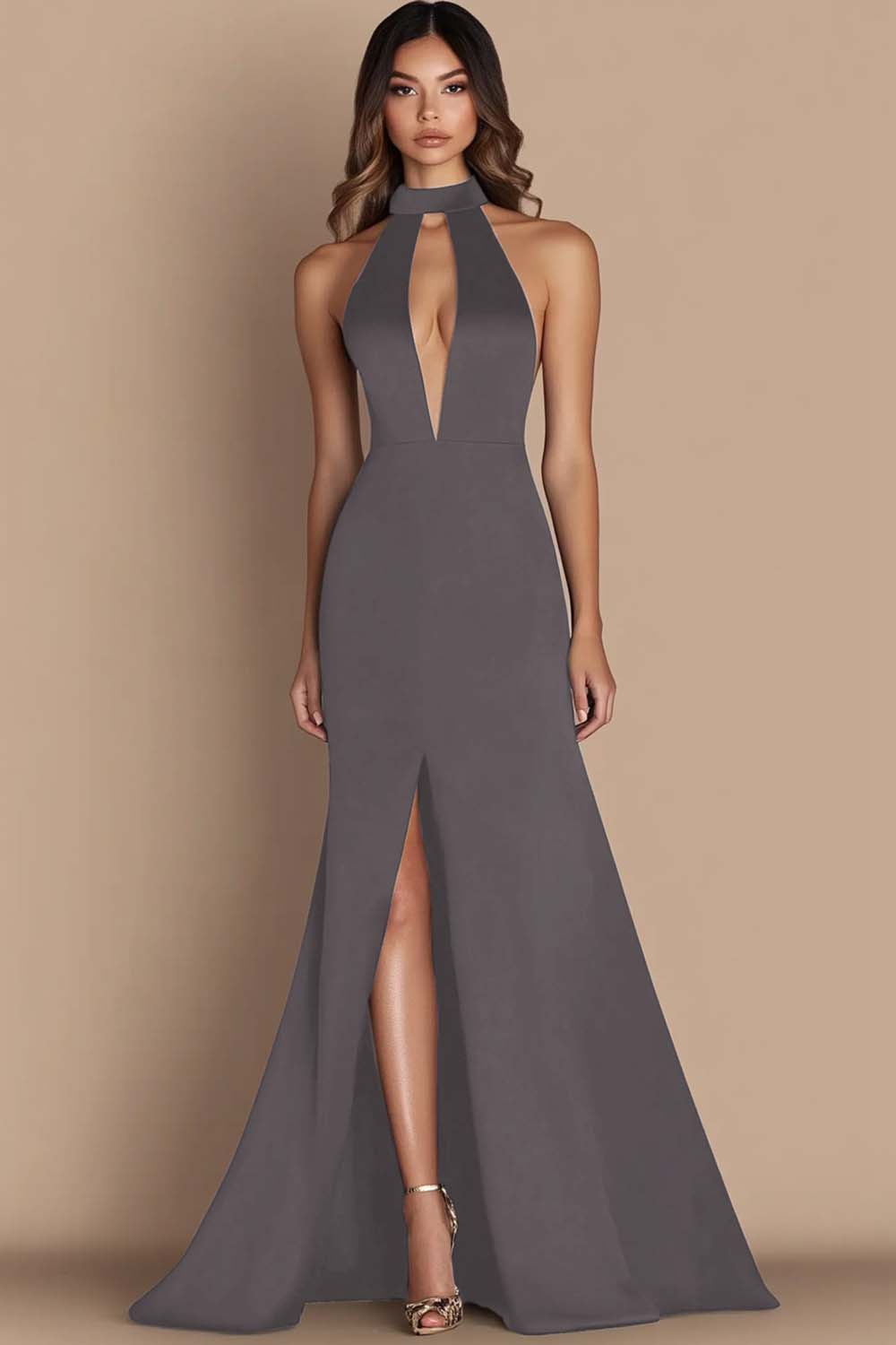 Simple Halter Satin Long Keyhole Black Tie Dress with Slit