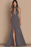 Simple Halter Satin Long Keyhole Black Tie Dress with Slit