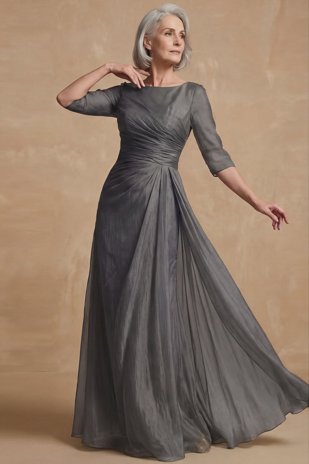 Dusty Sage Bateau Neck A Line Long Mother of the Bride Dress with Sleeves
