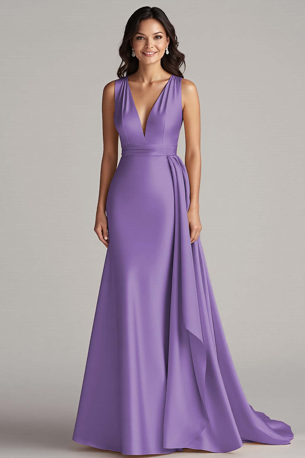 Peacock Deep V-Neck Mermaid Long Satin Formal Dress