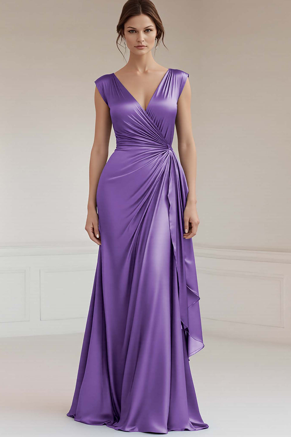 Peacock V-Neck Sheath Ruched Long Formal Dress with Ruffles