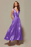 Sparkly Gold Metallic Pleated V-Neck A-Line Long Formal Dress