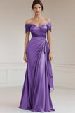 Peacock Satin Off the Shoulder Long Sheath Formal Dress