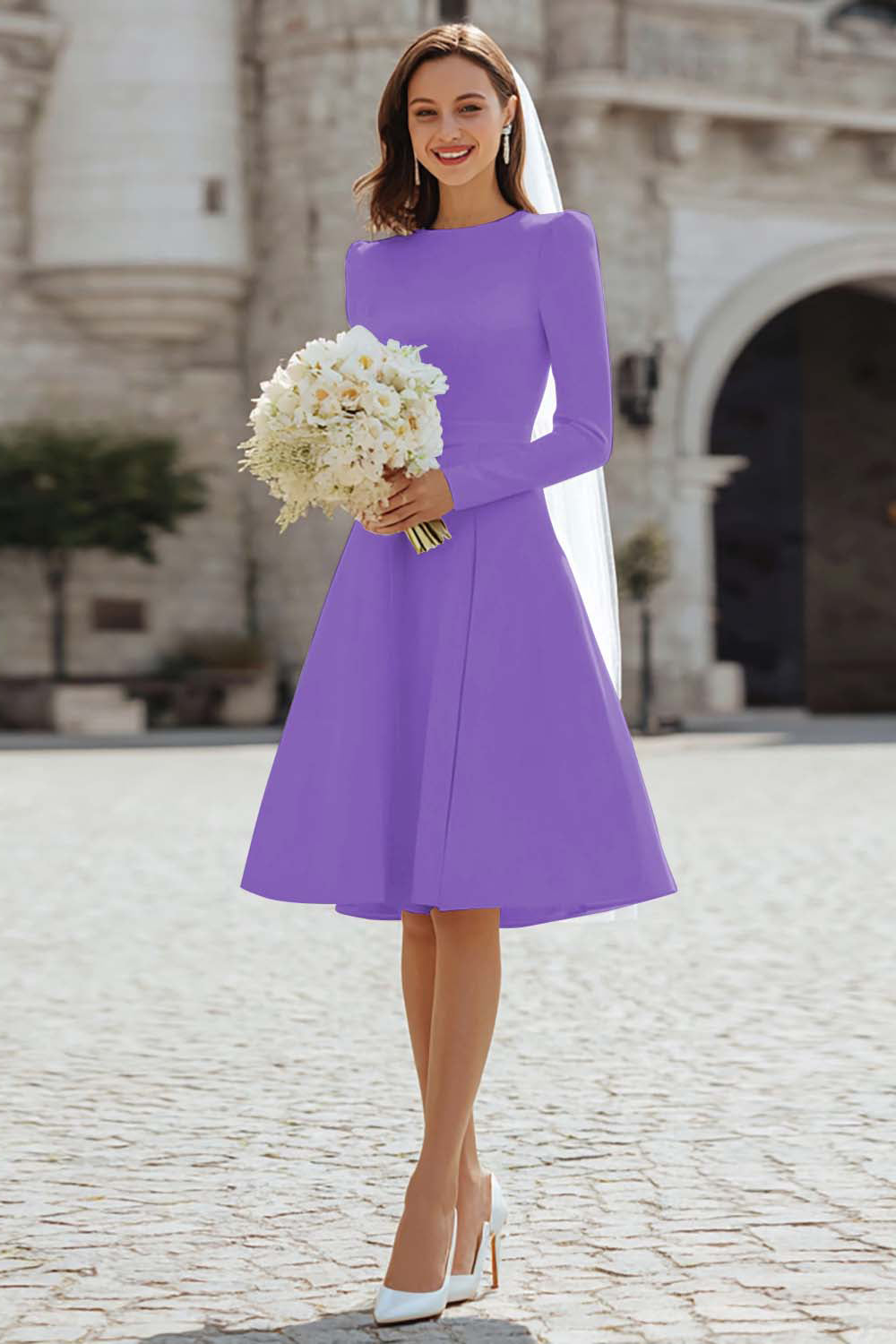 Ivory Satin Short A Line Wedding Dress with Sleeves