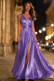 Sparkly Gold Metallic Ruched V-Neck A-Line Long Formal Dress with Slit