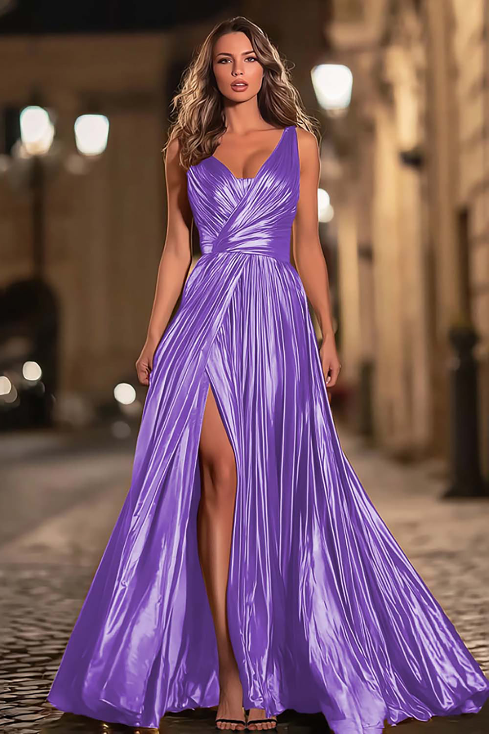 Sparkly Gold Metallic Pleated V-Neck A-Line Long Formal Dress with Slit