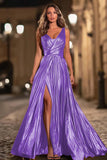 Sparkly Gold Metallic Pleated V-Neck A-Line Long Formal Dress with Slit