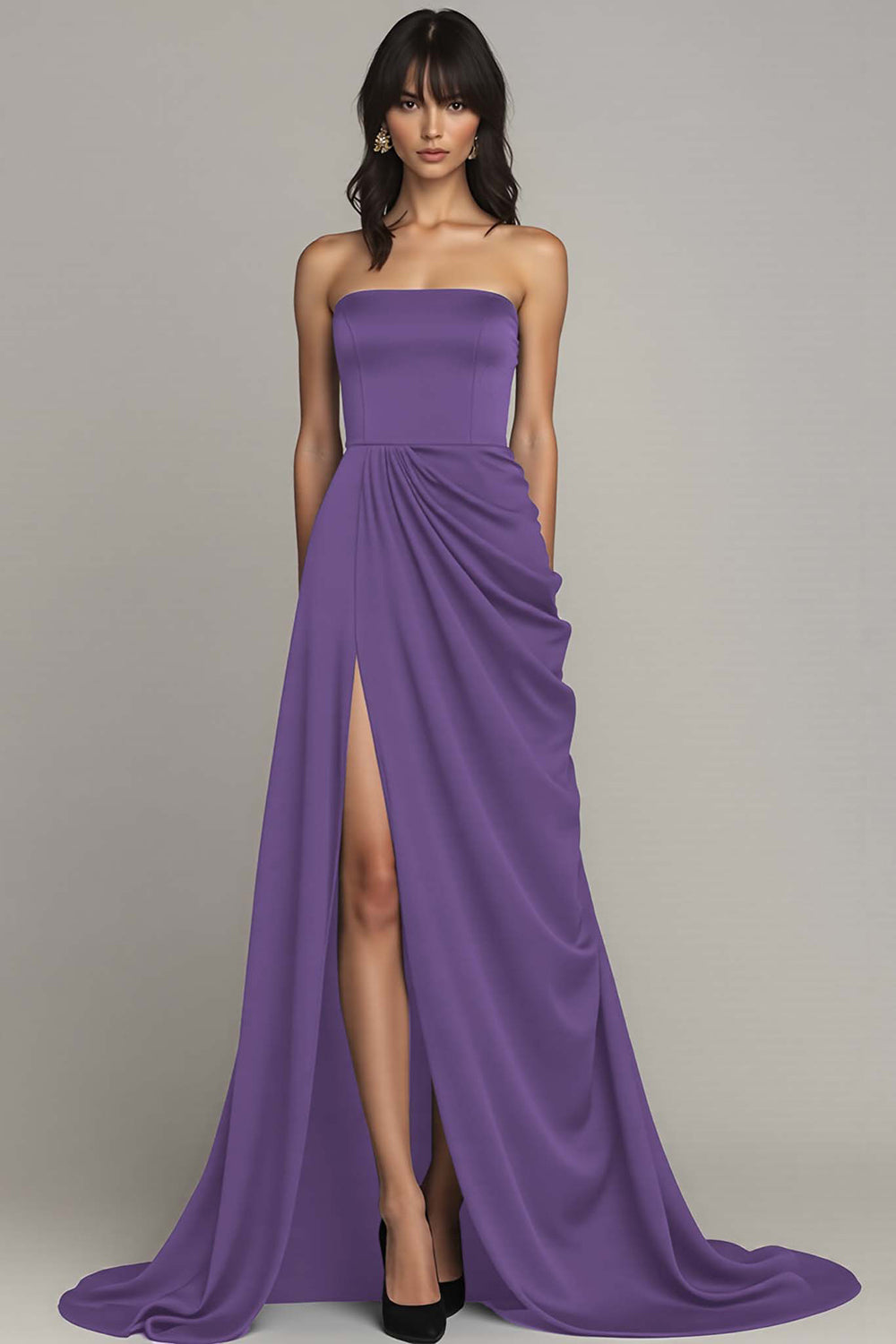 Peacock Strapless A Line Long Satin Formal Dress with Slit
