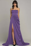 Peacock Strapless A Line Long Satin Formal Dress with Slit