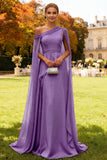 Dark Green One Shoulder Chiffon Long Wedding Guest Dress with Cape
