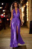 Sparkly Gold Halter Metallic Ruched Long Formal Dress with Slit