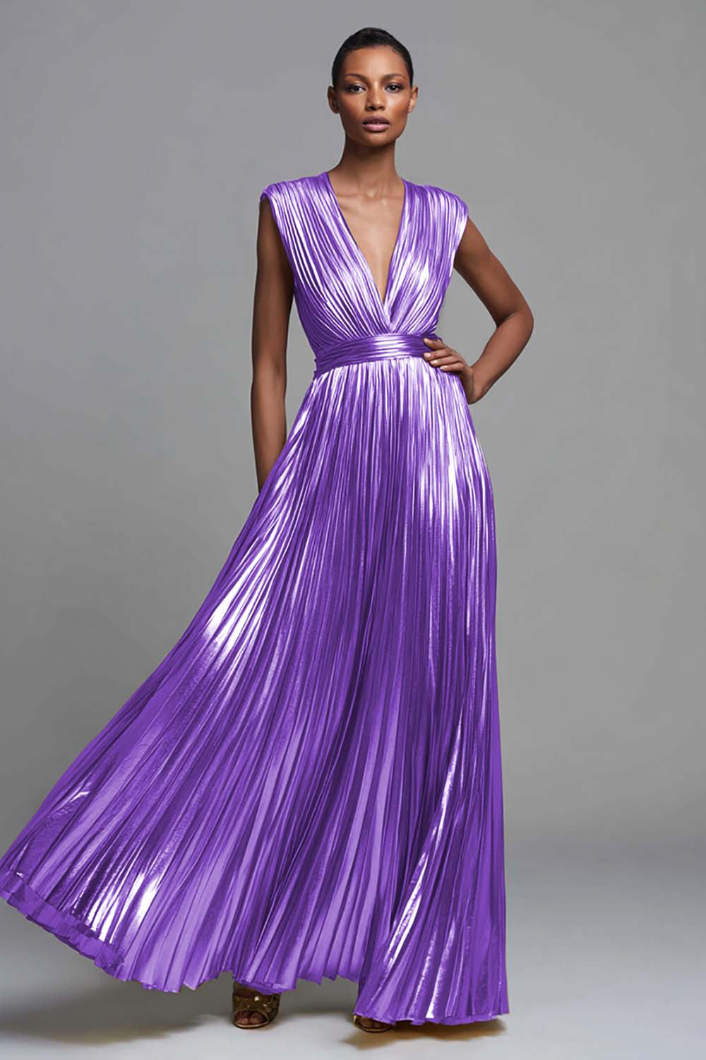 Sparkly Gold Deep V-Neck Metallic Pleated A-Line Long Formal Dress