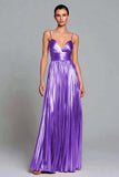 Sparkly Gold A-Line Metallic Pleated Spaghetti Straps Long Formal Dress