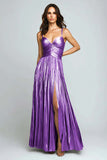 Silver Metallic Pleated Spaghetti Straps Long Formal Dress with Slit
