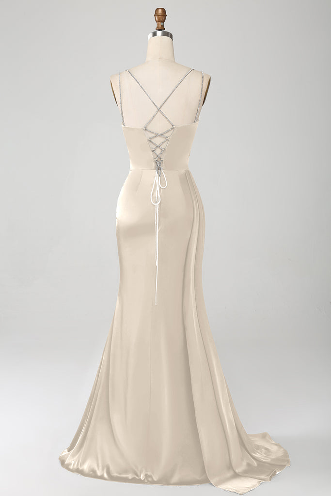 Navy Mermaid Spaghetti Straps Pleated Corset Long Prom Dress With Slit