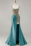Sparkly Black Beaded Floral Satin Appliqued Long Corset Prom Dress with Slit